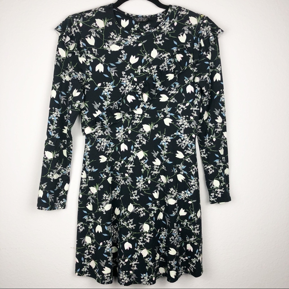 TOP SHOP Floral‎ Long Sleeve Pleated Dress​​​​​​